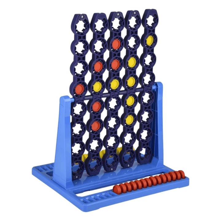 side view of connect 4 game grid filled with yellow and red game pieces