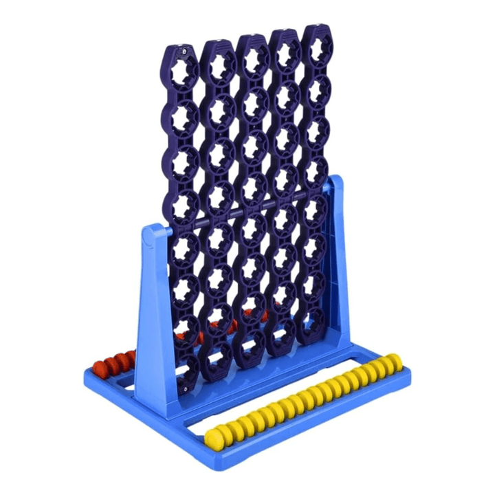 connect 4 grid game with yellow and red game pieces stored at base of game board
