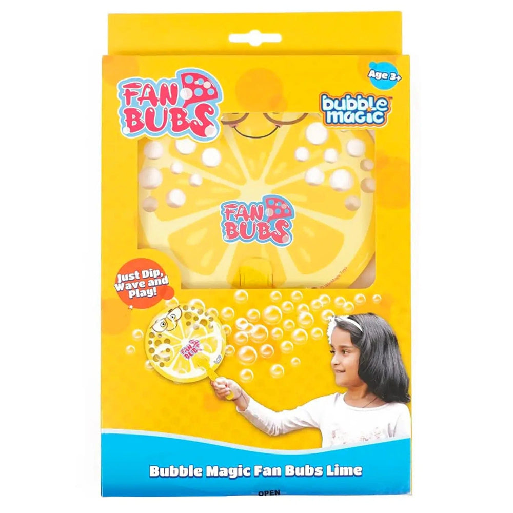Packaging of Bubble Magic Fan Bubs kit featuring a yellow bubble fan with handle, designed for outdoor play. Includes a tray and bubble solution pouches.