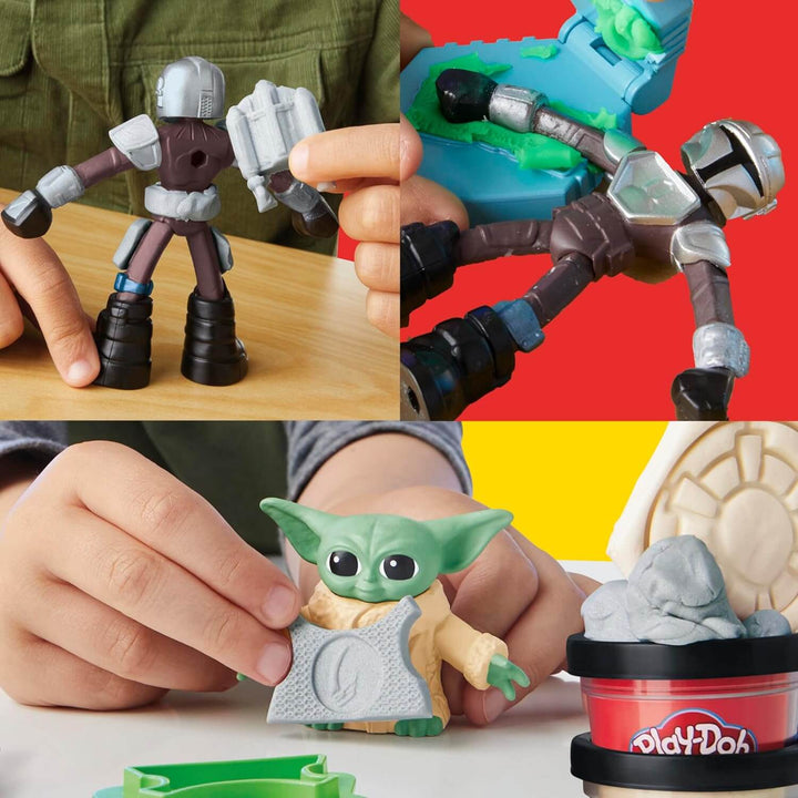 Collage of toy figures and Play-Doh with a child's hands interacting with them.
