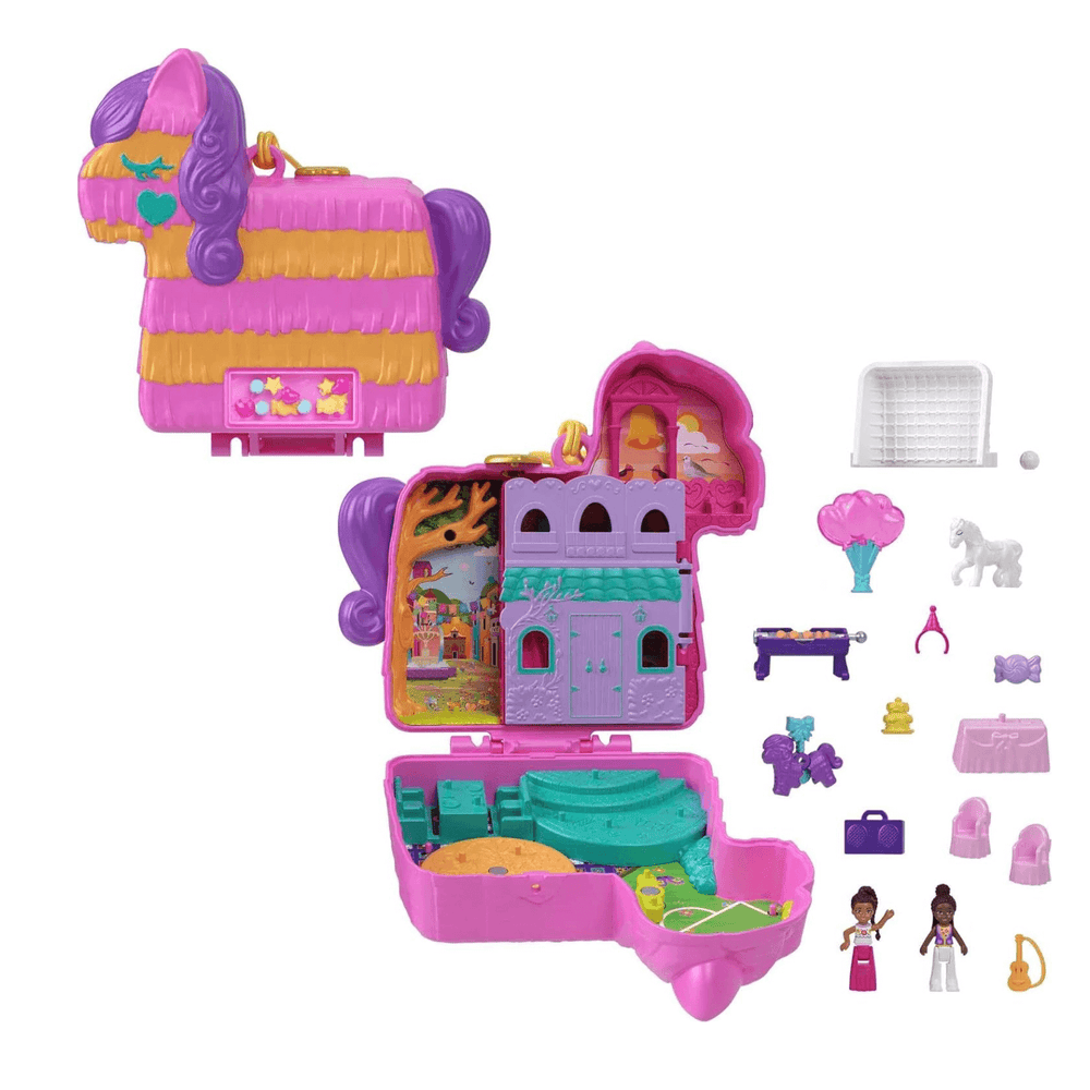 polly pocket pinata party with 14 accessories and 2 micro polly pocket dolls, pink and purple horse pinata with glitter style window to shake, opens to reveal party location with soccer and musical fun