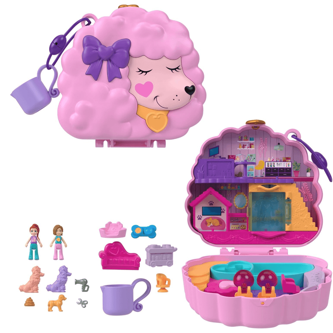pink poodle shaped playset with 12 little accessories and 2 micro dolls, case opens to reveal a pet pamper station with a bathtub, pet house bed and salon station