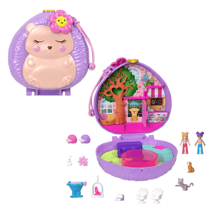 hedgehog shaped playset in purple and pink colours with 11 accessories and 2 micro dolls, case opens to reveal a coffee shop with a fun moving tub, a sofa and more