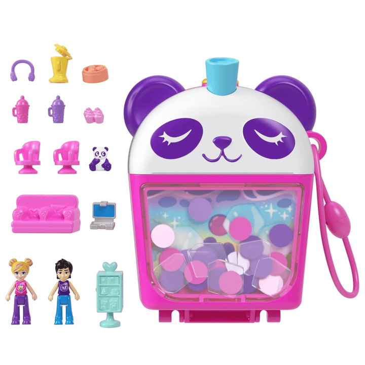 panda bubble tea shaped case with 2 micro dolls and 12 additional accessories including a baby panda, boba tea cups and music headphones