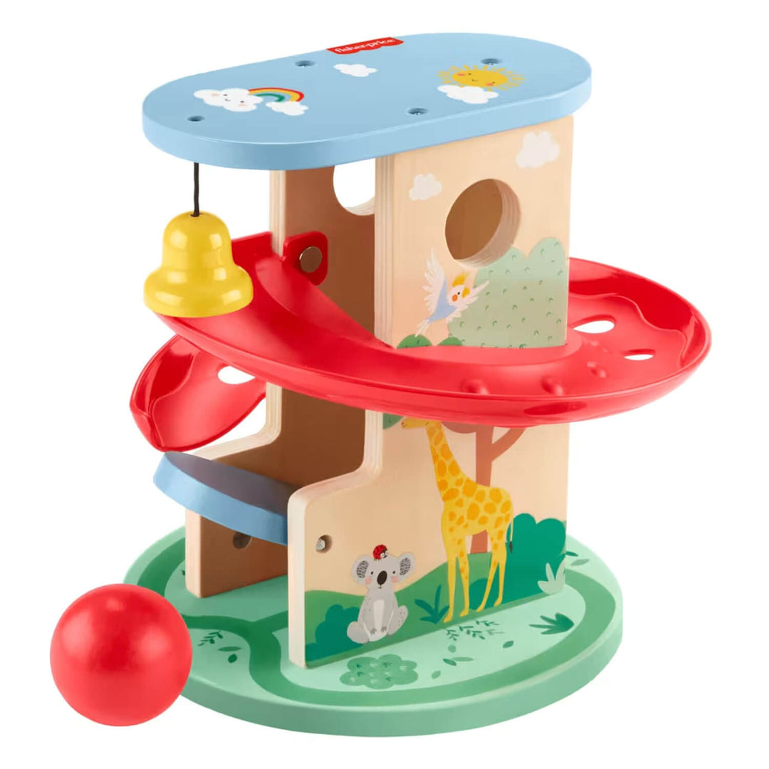 Children's wooden tree house play set with colourful elements on a white background