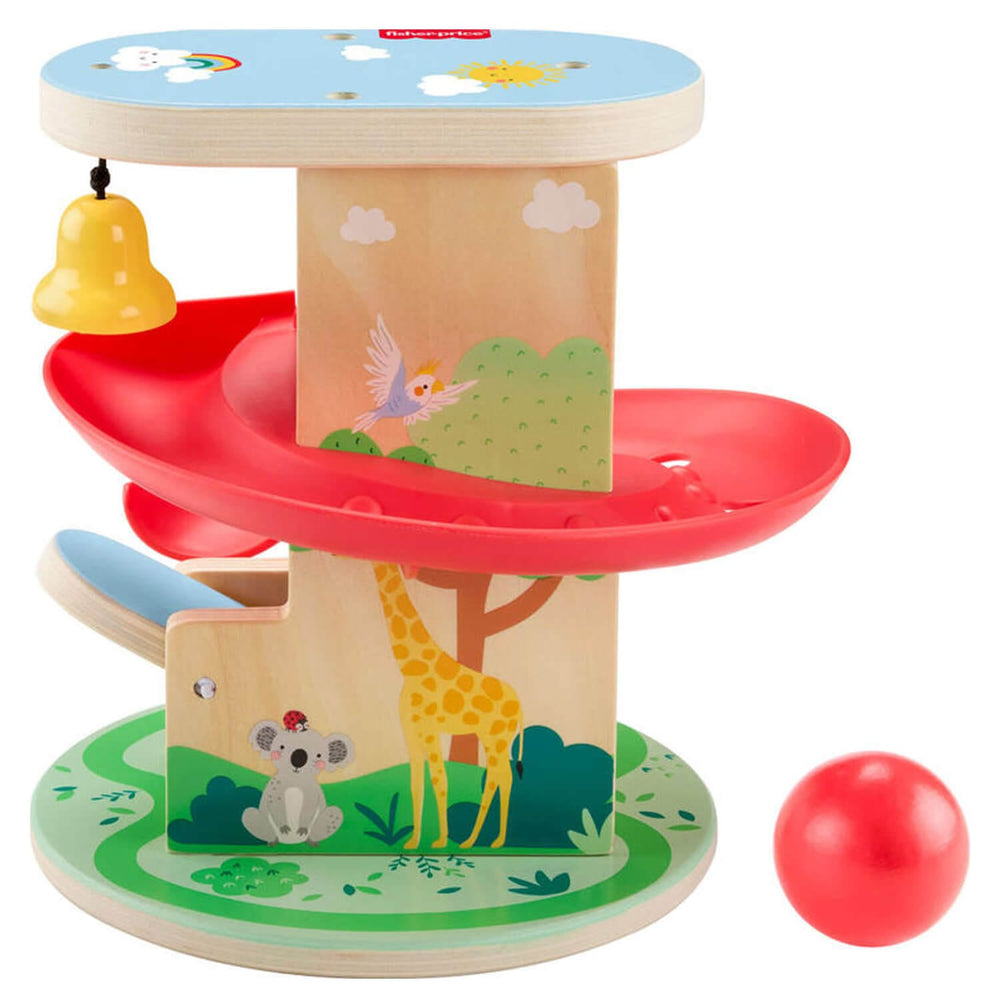 Children's wooden activity toy with multiple levels and a ball on a white background