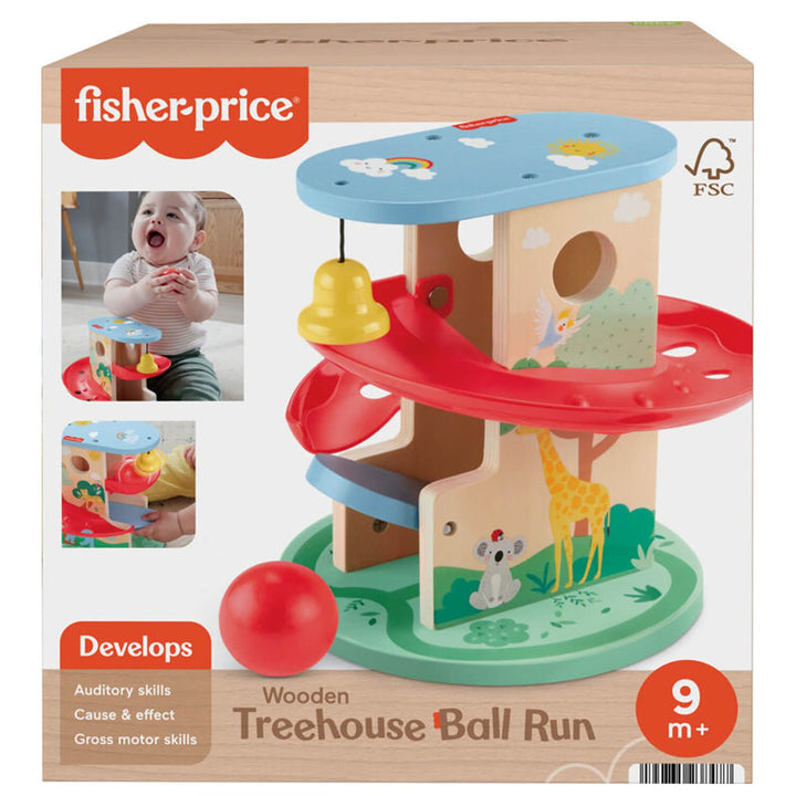 Fisher-Price wooden treehouse ball run toy packaging with baby images and features.