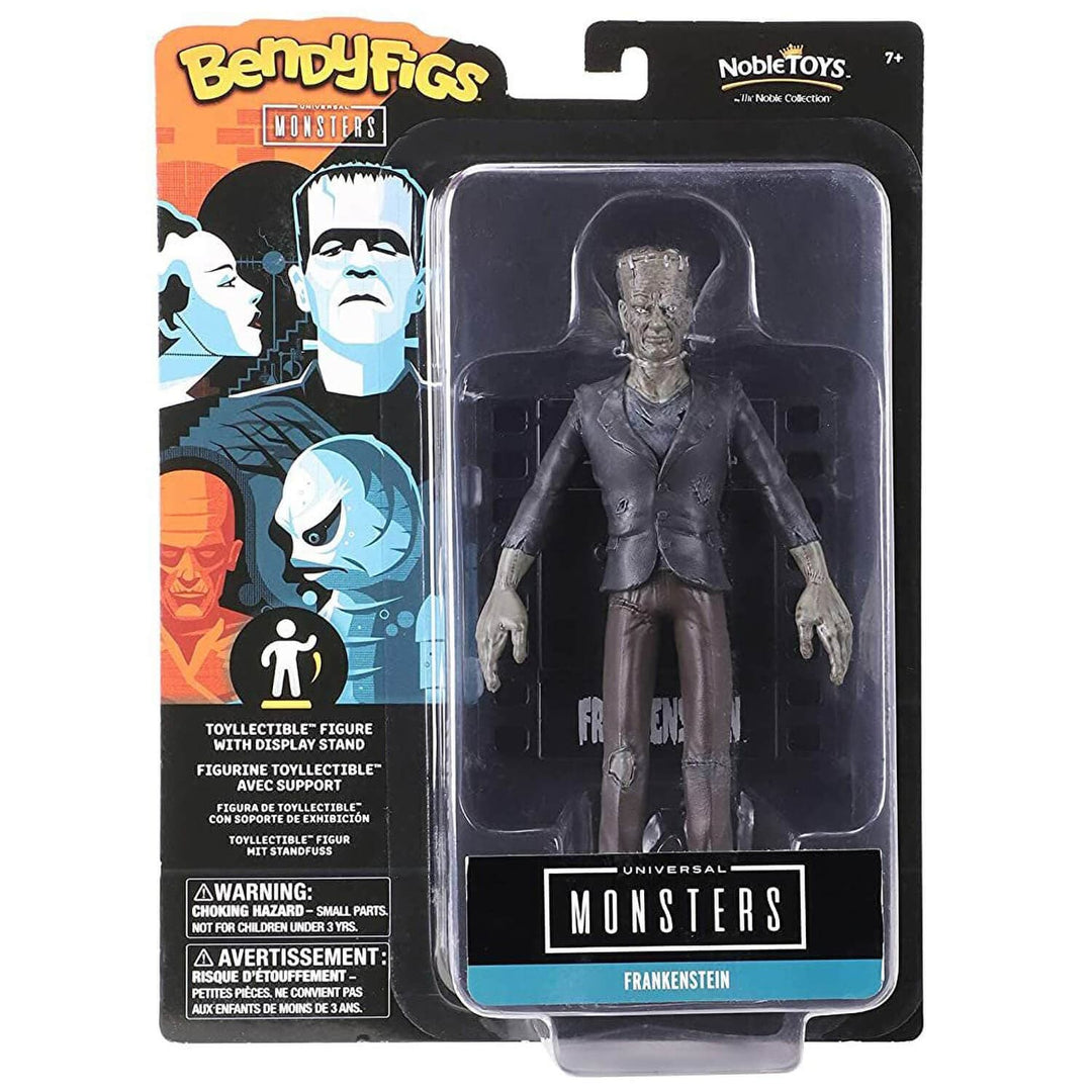 Bendy Figs Frankenstein collectible figure in its original blister packaging by Noble Toys. The figure is dressed in a dark gray suit and stands next to a display stand on the left side of the cardback.