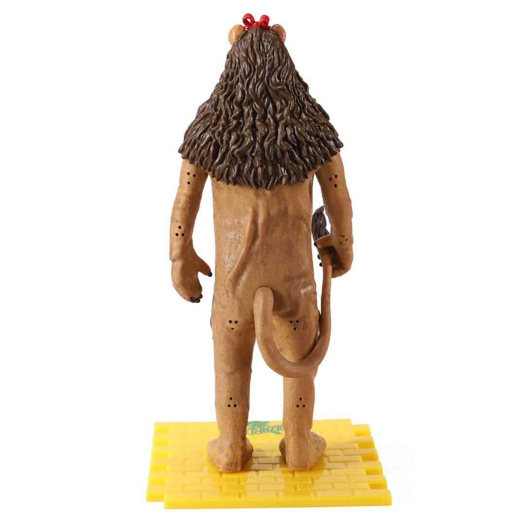 The back of the Cowardly Lion action figure from BendyFigs on a yellow brick road base stand