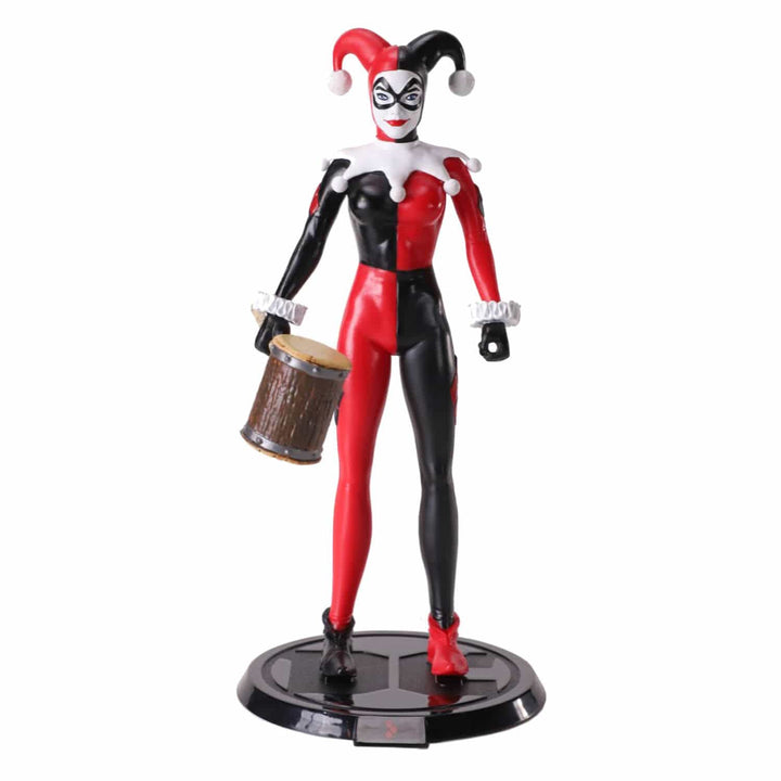 Bendyfigs DC Comics character Harley Quinn Jester on display stand holding a mallet
