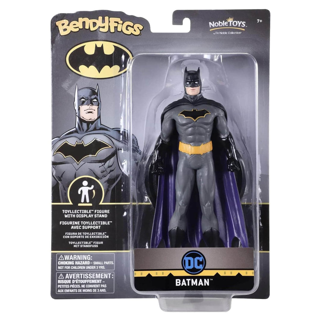 Noble Toys BendyFigs Batman action figure in its original blister card packaging, featuring a dark gray and black suit with a yellow belt and purple cape.