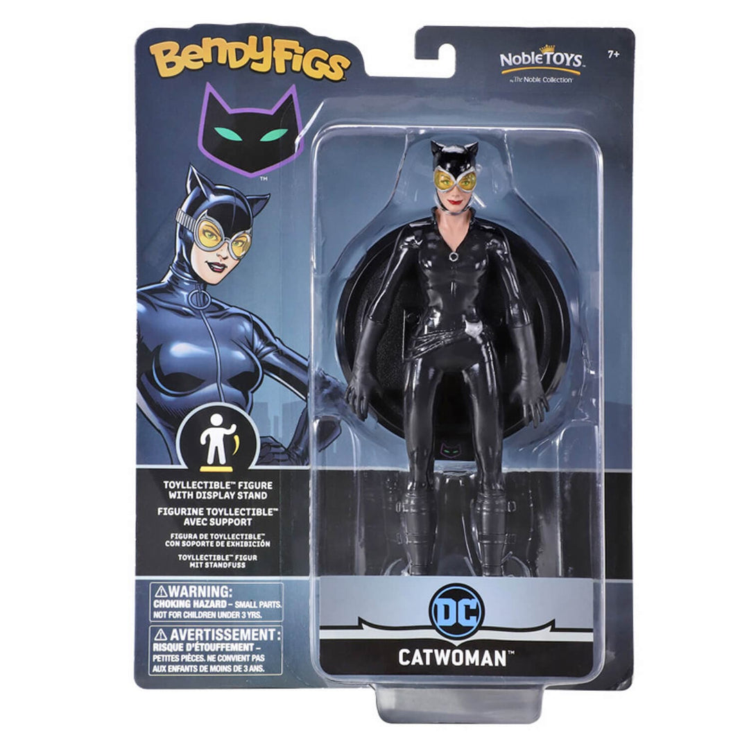 BendyFigs collectible figure of Catwoman in her black and gray suit with yellow eyes, packaged on a dark blue cardback with the BendyFigs and DC logos.