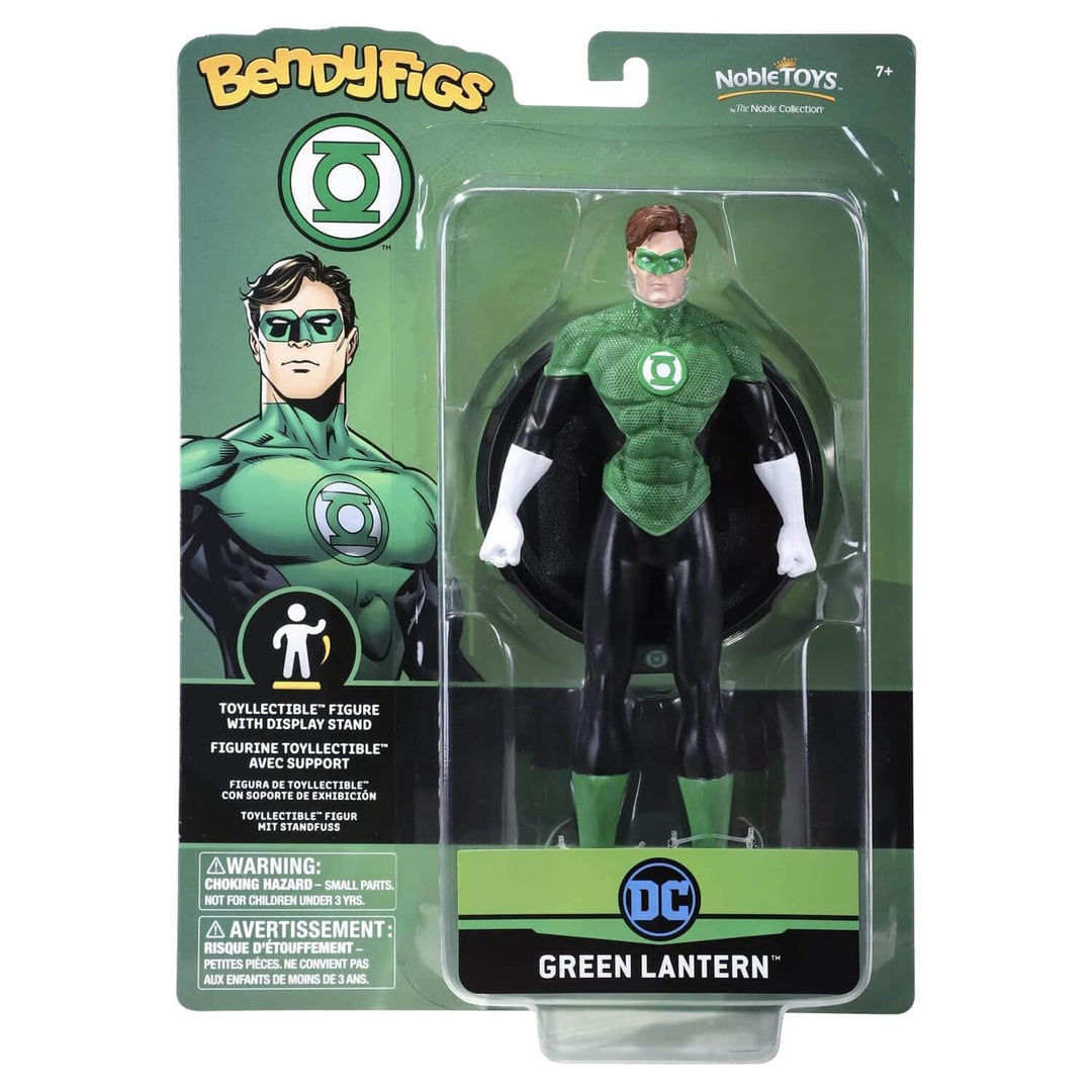 BendyFigs Green Lantern action figure in its original blister packaging, featuring a green and black superhero figure with a display stand on a green and black backing card.
