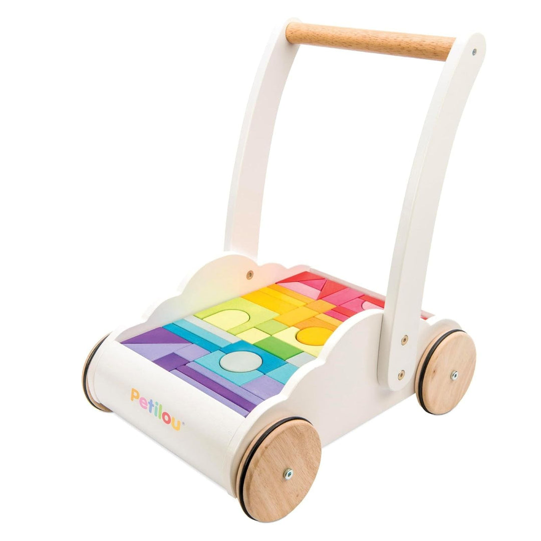 Children's toy with rainbow-colored wooden puzzle and wooden wheels on a white background