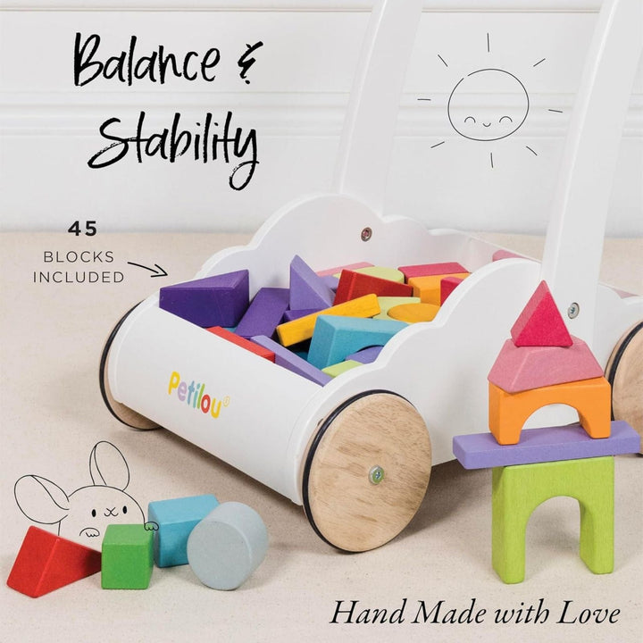Wooden toy with colorful blocks and wheels, labeled 'Petilou', on a light background.