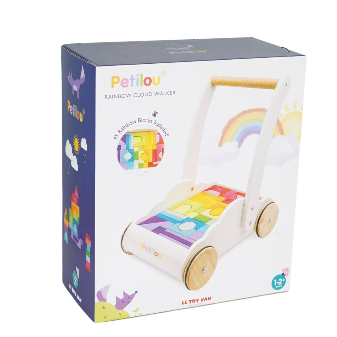 Petilou Rainbow Cloud Walker toy packaging on a white background with le toy van branding in red