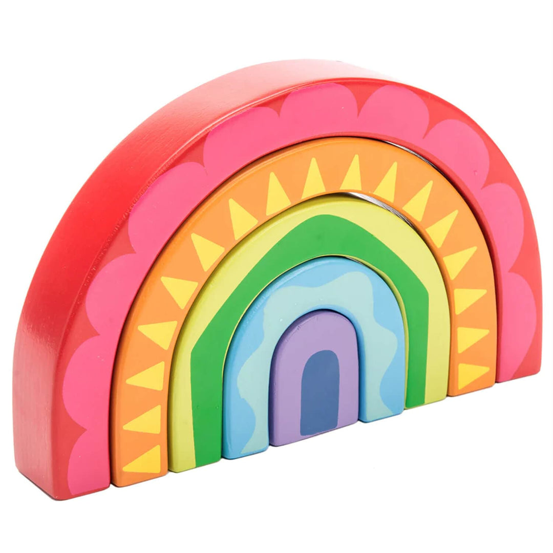 Colourful wooden rainbow stacking tunnel toy with coloured arches