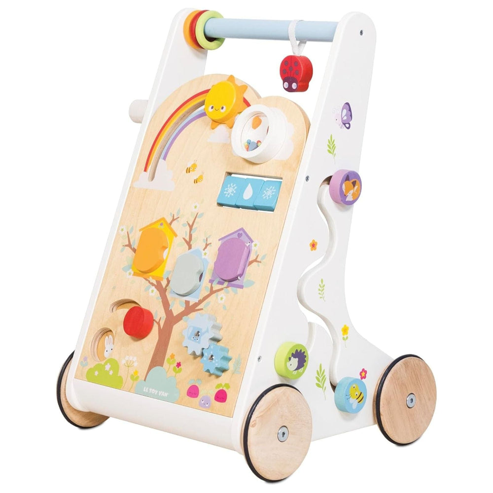 baby walker toy made from woode with nature themed design and sensory activities