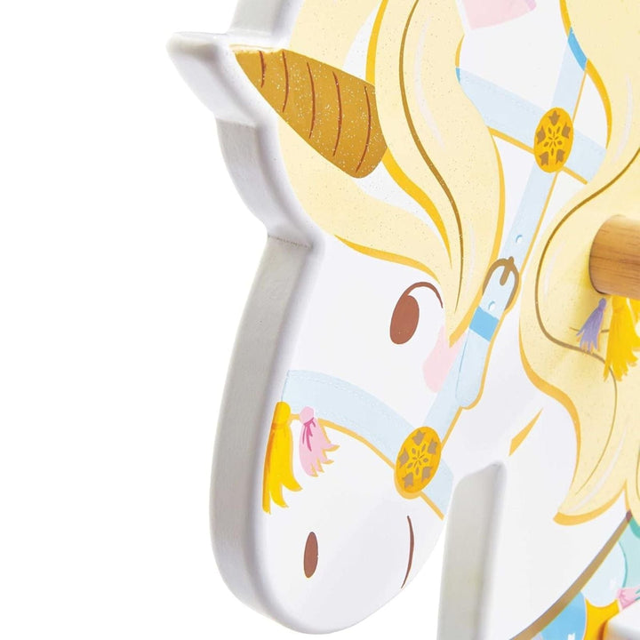 unicorn character on rocking horse with golf glitter paint finish in pastle colours