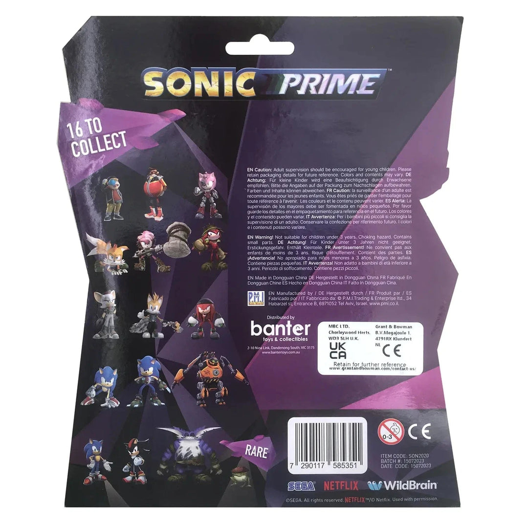 Back of the pack of 3 Sonic Prime collectible figures