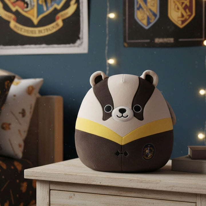 A plush toy shaped like a badger wearing a Gryffindor house robe, sitting on a light wood bedside table in a bedroom setting with Hogwarts crest posters on the wall.