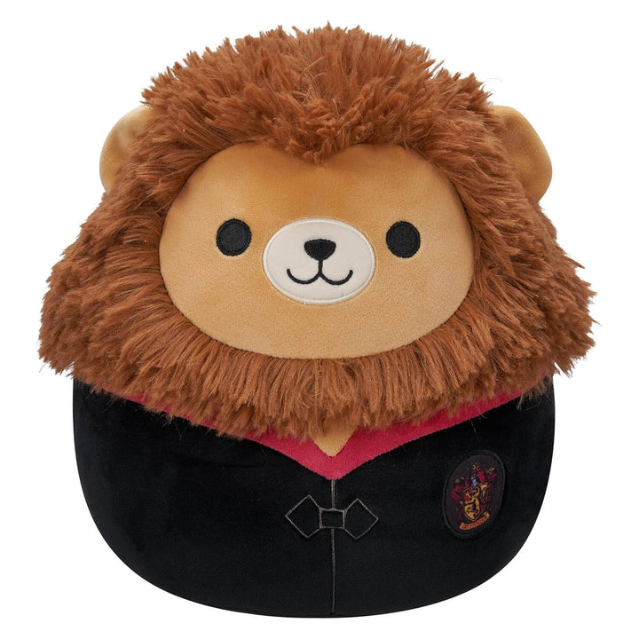 A plush lion Harry Potter Gryffindor soft toy with a fluffy brown mane, tan face, embroidered black eyes and mouth