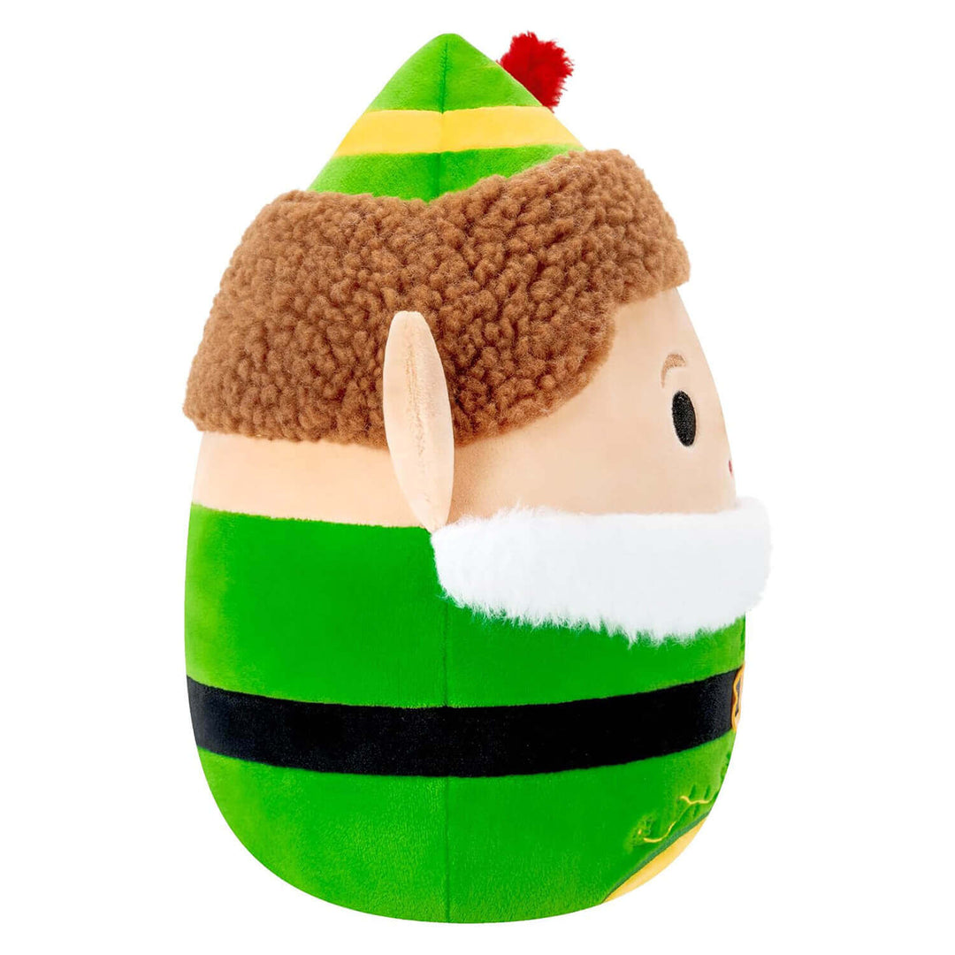 Side view of Buddy the Elf Squishmallow plush toy with green and yellow hat