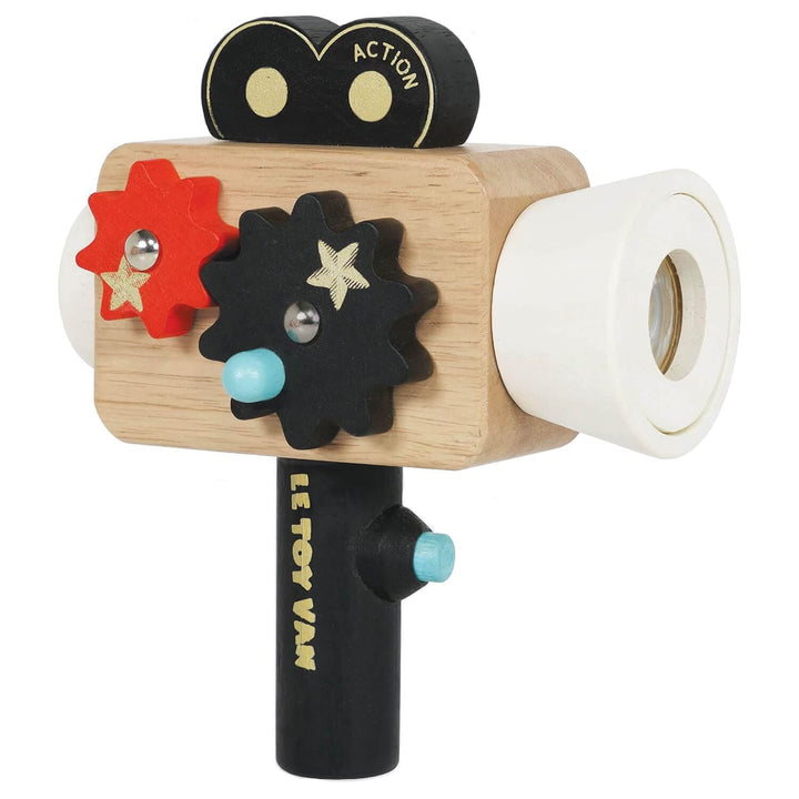 Vintage style wooden toy film camera with cogs and handle