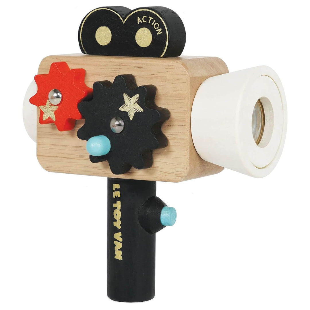 Vintage style wooden toy film camera with cogs and handle