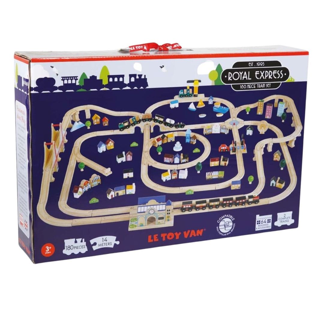 Le Toy Van Royal Express toy train set packaging with train tracks and buildings.