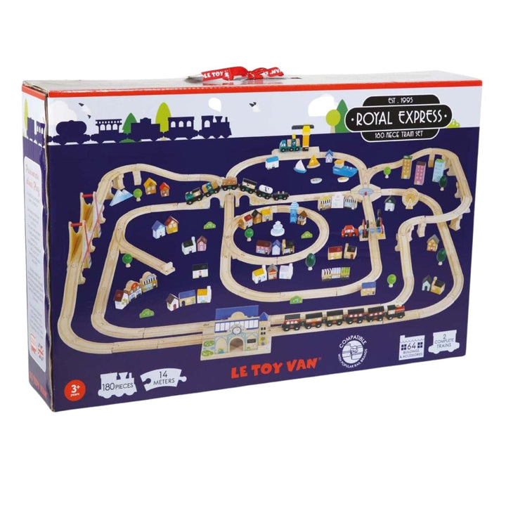 Le Toy Van Royal Express toy train set packaging with train tracks and buildings.