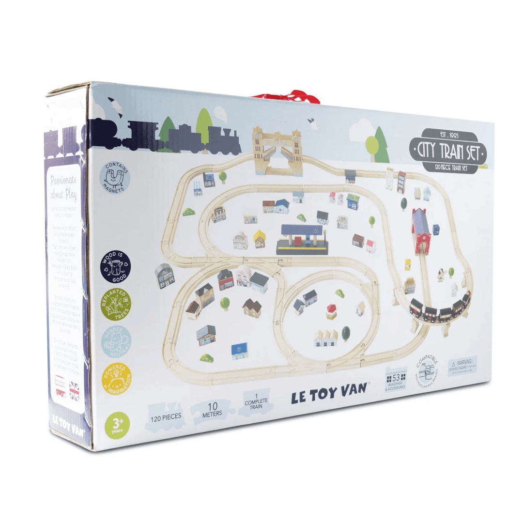 Le Toy Van City Train Set packaging with train and track illustration on a white background