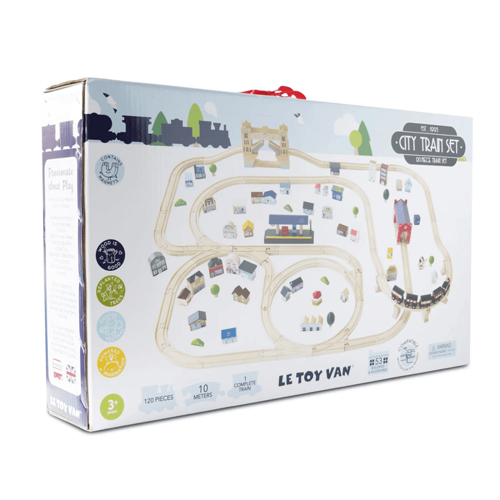 Le Toy Van City Train Set packaging with train and track illustration on a white background