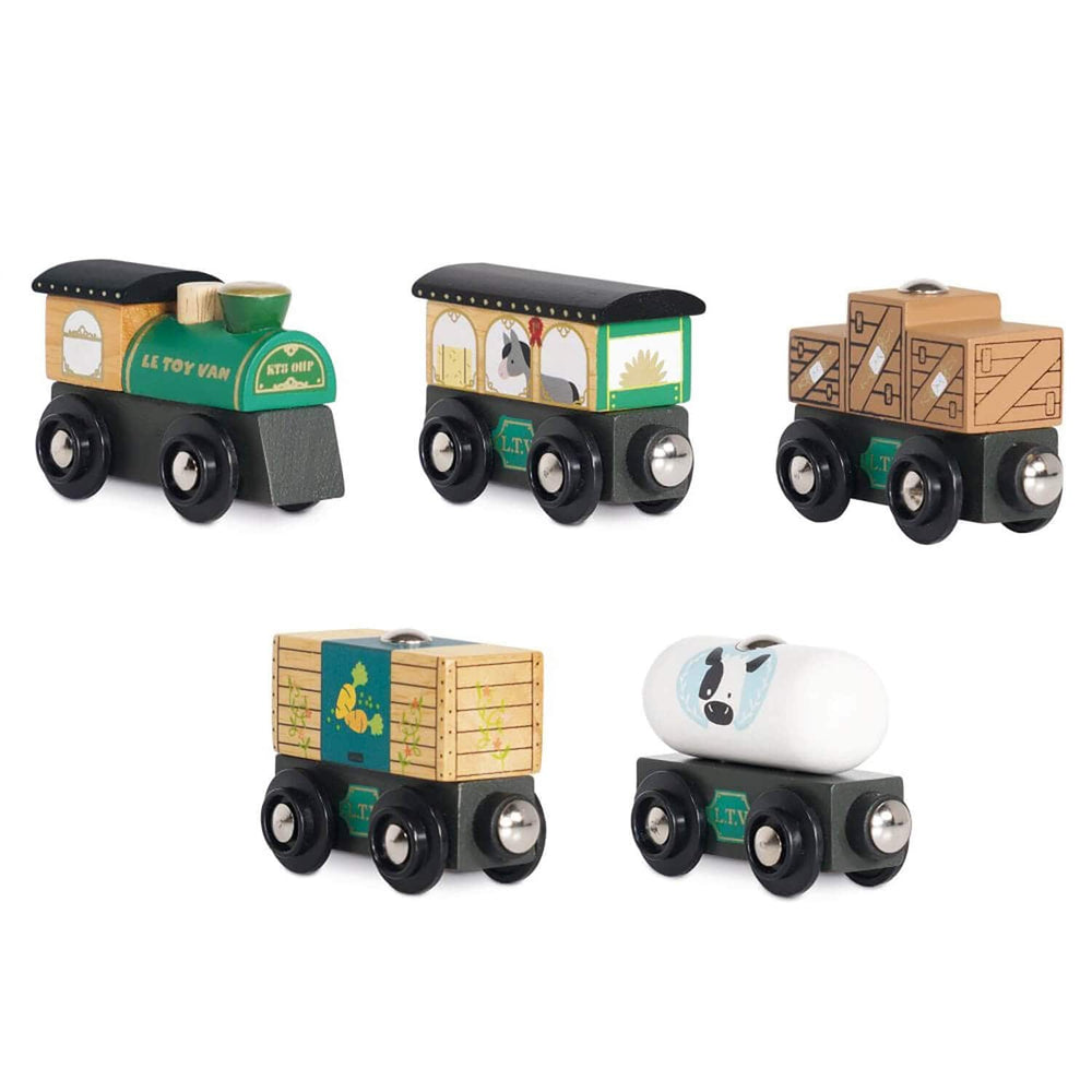 Set of 5 wooden toy train engine and carriages on a white background