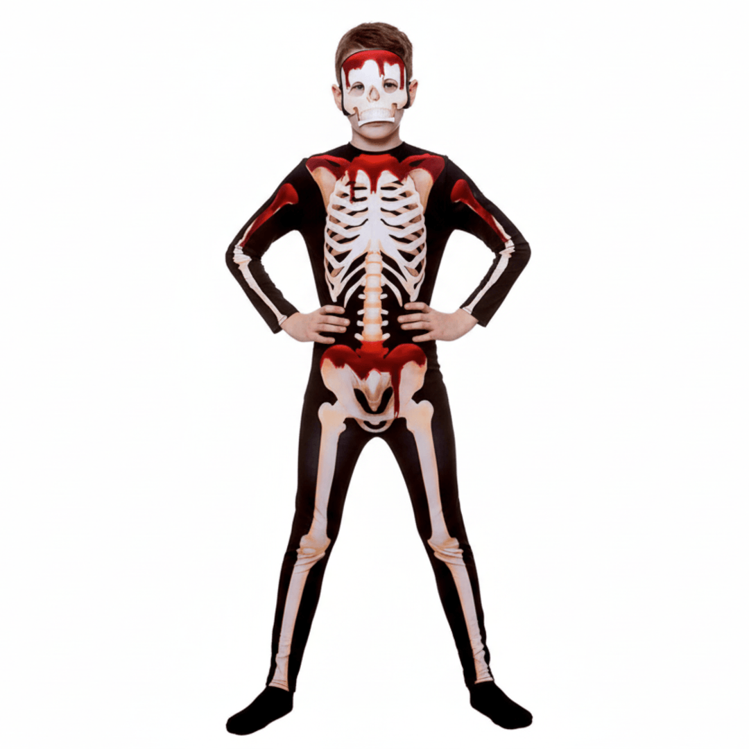Person wearing a skeleton costume with red accents on a white background