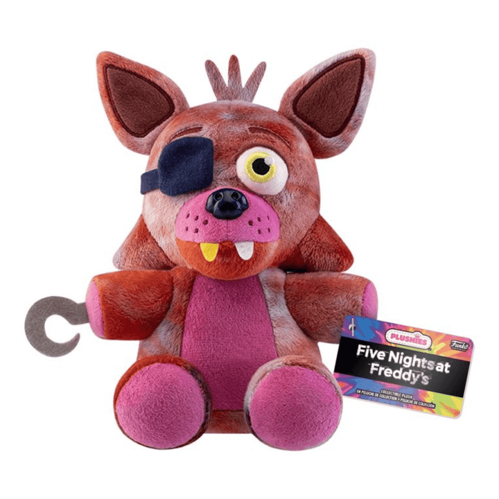 five nights at freddy's tye dye foxy character wearing eye patch, with a hook on one arm, official funko tag