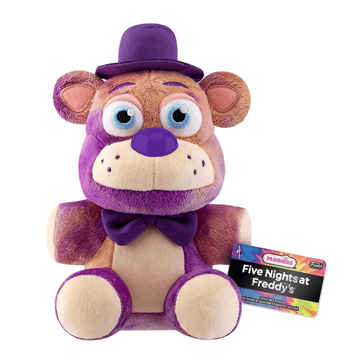 five nights at freddy's freddy tye dye soft bear wearing purple top hat and bow tie with official funko tag