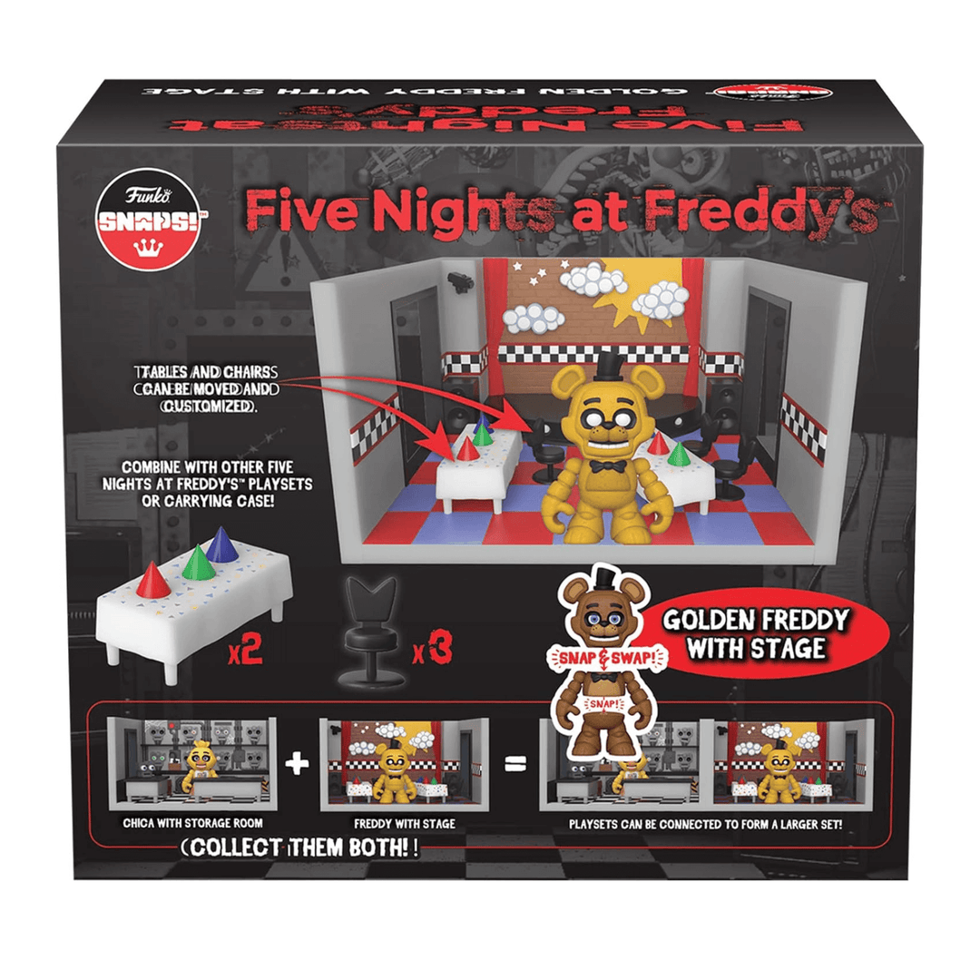 back view of box for five nights at freddy's golden freddy playset with stage and figure