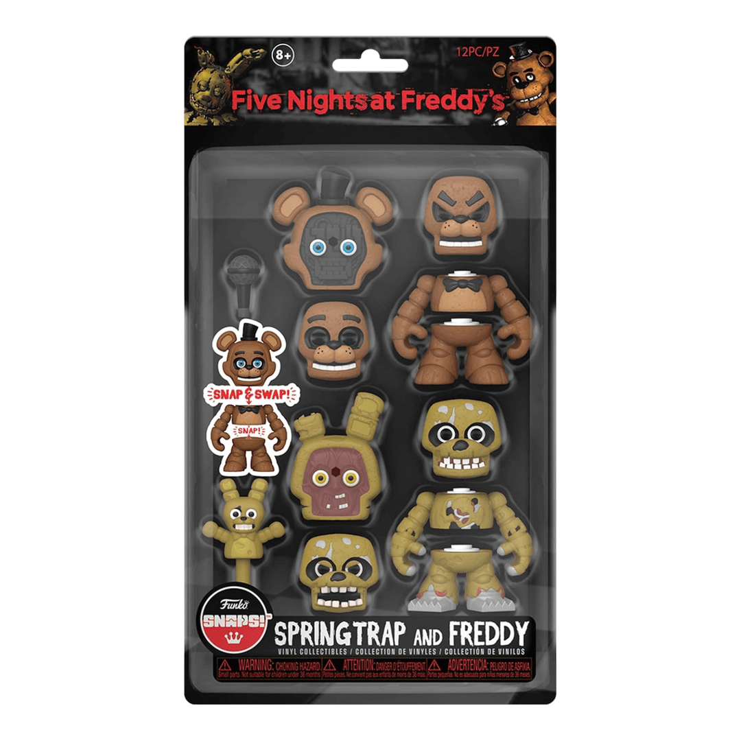 springtrap and freddy 12 pc collectible vinyl figures from funko snaps in packaging with transparent wiindow with accessories and face swaps
