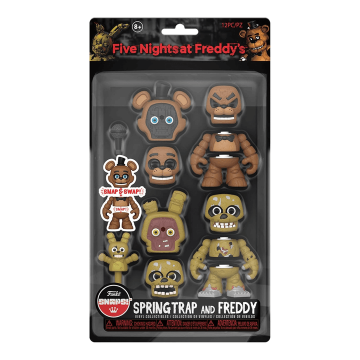 springtrap and freddy 12 pc collectible vinyl figures from funko snaps in packaging with transparent wiindow with accessories and face swaps