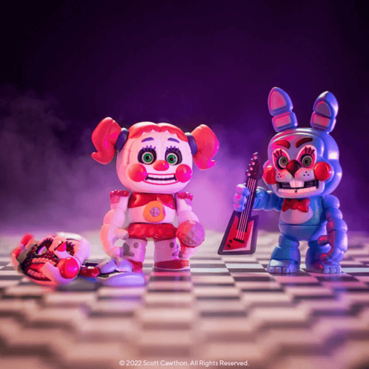 toy bonnie and baby in spooky room holding electic guitar with face pieces on floor