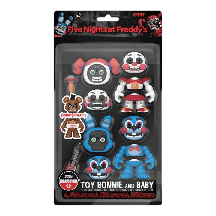 toy bonnie and baby 12 pc collectible vinyl figures from funko snaps in packaging with transparent wiindow with accessories and face swaps