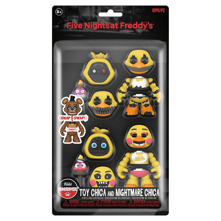 toy chica and nightmare chica 12 pc collectible vinyl figures from funko snaps in packaging with transparent wiindow with accessories and face swaps