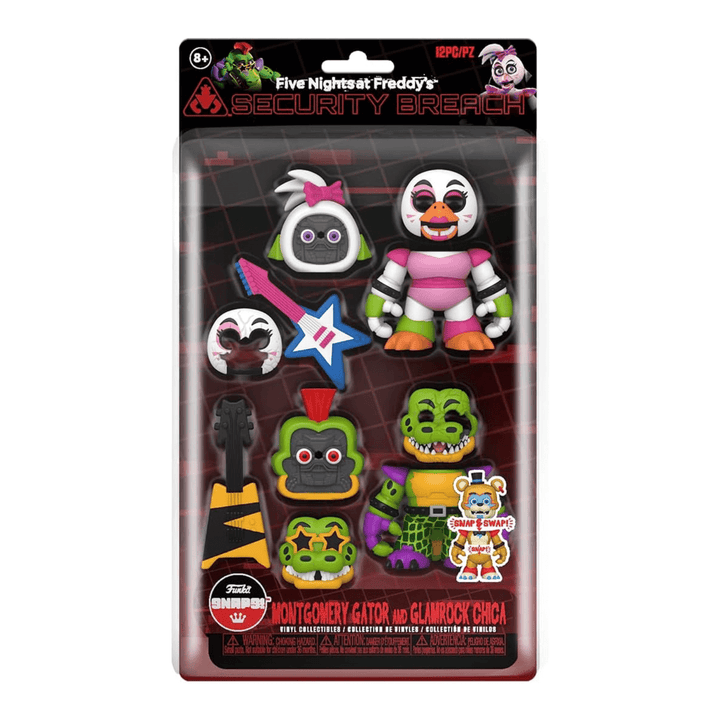 montgomery gator and glamrock chica 12 pc collectible vinyl figures from funko snaps in packaging with transparent wiindow with accessories and face swaps
