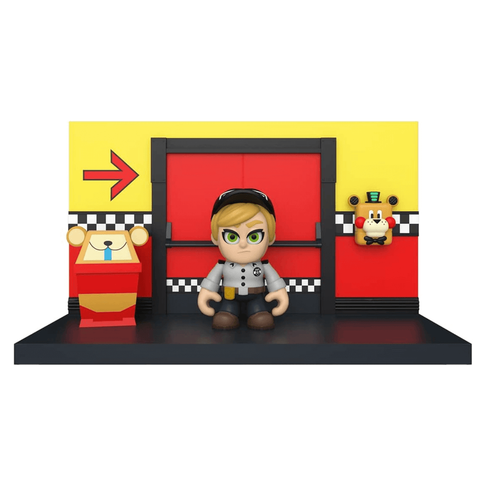 playset base featuring red and yellow walls, a freddy bear on the wall and a freddy bear shaped bin with vanessa vinyl figure standing in the centre