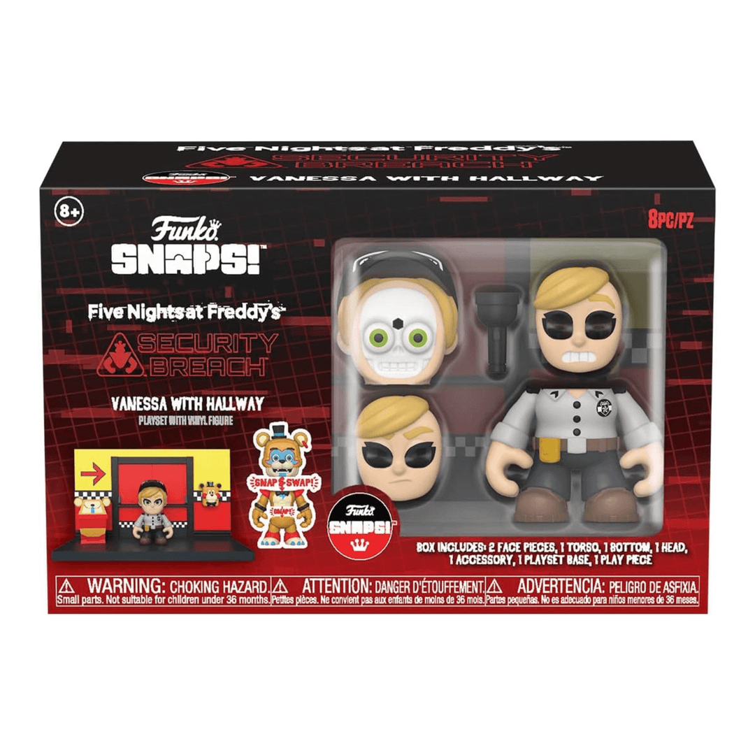 funko snaps five nights at freddy's security breach vanessa with hallway playset in cardboard box packaging with transparent window showing vanessa figure with 2 face pieces and a small torch accessory