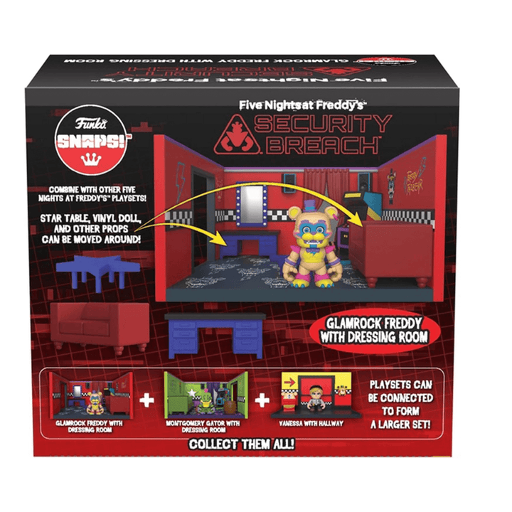 back view of box featuring glamrock freddy in his red dressing room