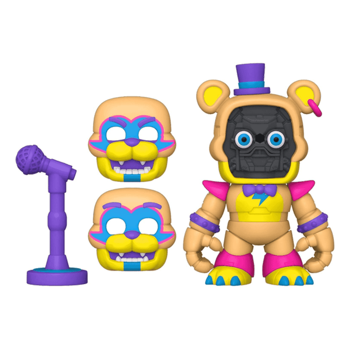 glamrock freddy character with 2 faces, purple singing microphone