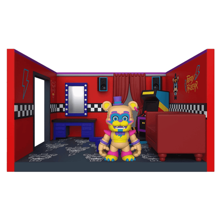 glamrock freddy in dressing room with arcade machine, red sofa, mirrors, speakers and vanity table