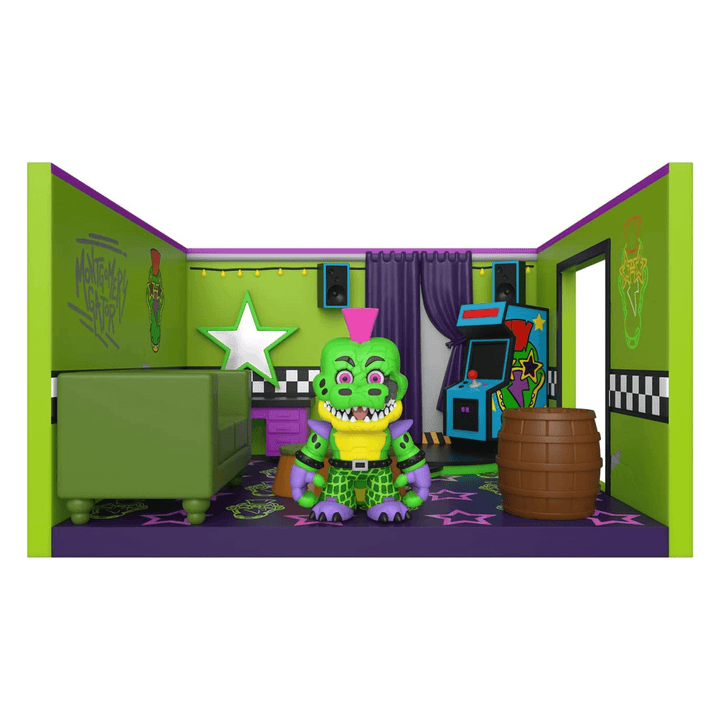 montgomery gator in vinyl green dressing room set with arcade machine, sofa, barrel and star shaped mirror